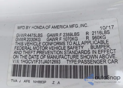 2018 Honda Accord Sport z USA, uszkodzony, nr VIN 1HGCV1F31JA012693